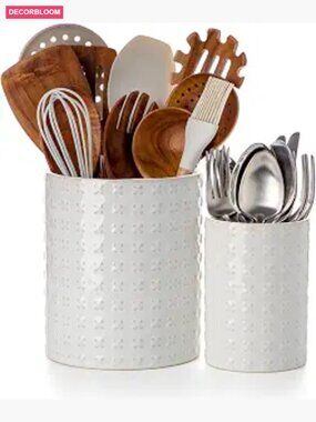 Set of 2 Ceramic Utensil Holders for Kitchen Countertop Organizer, Large & Small